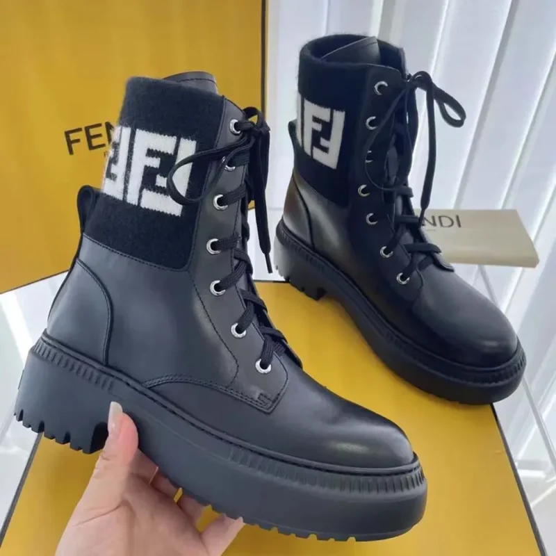 Fendi Women Rockoko Black Leather Biker Boots with FF Jacquard Motif