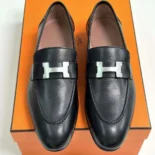 Hermes Women Loafer in Calfskin with Palladium Plated Signature "H" Detail-Black
