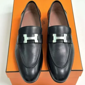 Hermes Women Loafer in Calfskin with Palladium Plated Signature "H" Detail-Black
