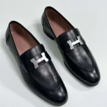 Hermes Women Loafer in Calfskin with Palladium Plated Signature "H" Detail-Black
