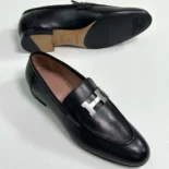 Hermes Women Loafer in Calfskin with Palladium Plated Signature "H" Detail-Black