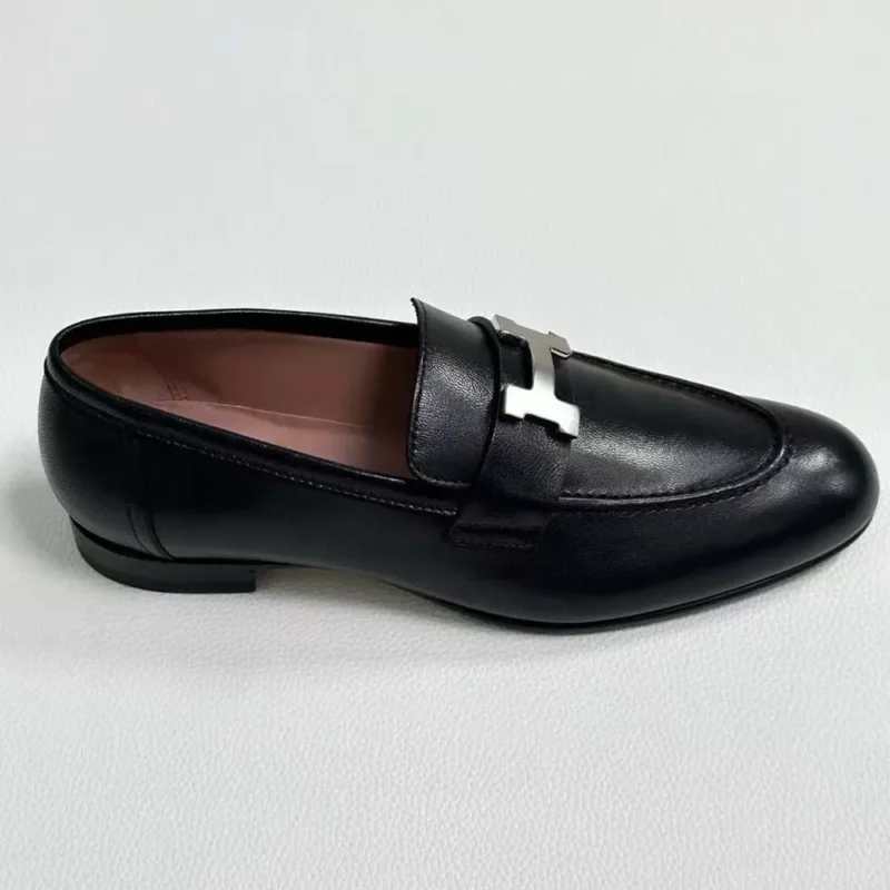 Hermes Women Loafer in Calfskin with Palladium Plated Signature "H" Detail-Black