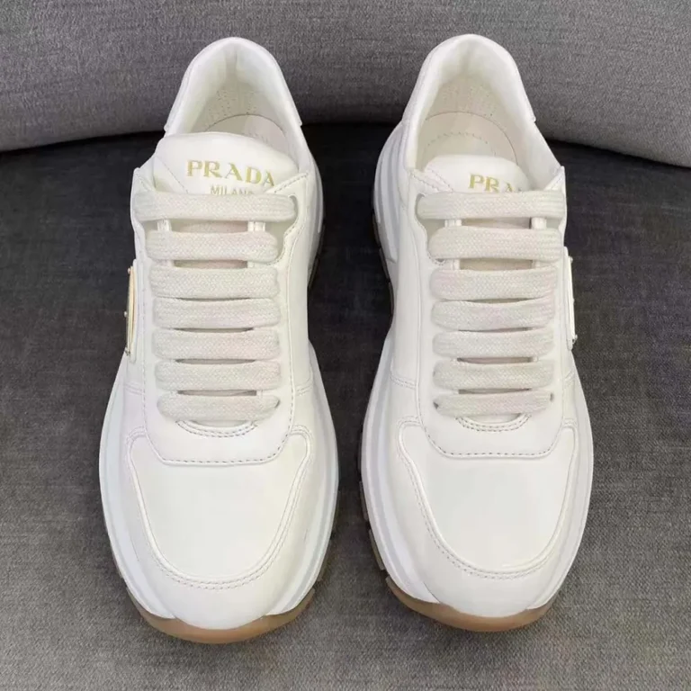 Prada Unisex Triangle Logo Leather Sneakers-White