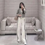 Dior Women Flared Pants Ecru Compact Technical Knit with Black Dior Graphique Motif