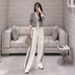 Dior Women Flared Pants Ecru Compact Technical Knit with Black Dior Graphique Motif
