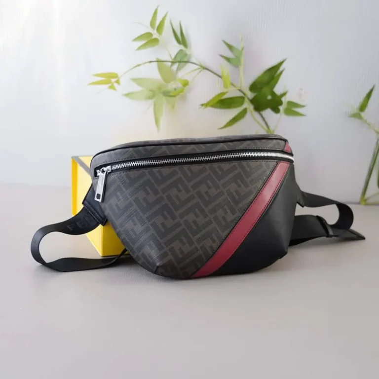 Fendi Men Diagonal Belt Bag Gray Fabric Belt Bag-Red
