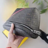 Fendi Men Diagonal Belt Bag Gray Fabric Belt Bag-Red
