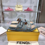 Fendi Women Feel Light Blue FF Jacquard Velvet Slides 8X8326AOTMF1R88