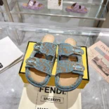 Fendi Women Feel Light Blue FF Jacquard Velvet Slides 8X8326AOTMF1R88