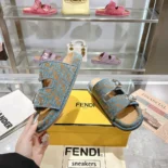 Fendi Women Feel Light Blue FF Jacquard Velvet Slides 8X8326AOTMF1R88