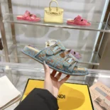 Fendi Women Feel Light Blue FF Jacquard Velvet Slides 8X8326AOTMF1R88