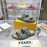 Fendi Women Feel Light Blue FF Jacquard Velvet Slides 8X8326AOTMF1R88