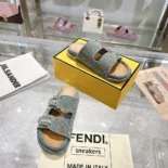 Fendi Women Feel Light Blue FF Jacquard Velvet Slides 8X8326AOTMF1R88