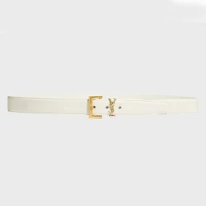 Saint Laurent YSL Women Cassandre Thin Belt with Square Buckle in Lacquered Leather-White