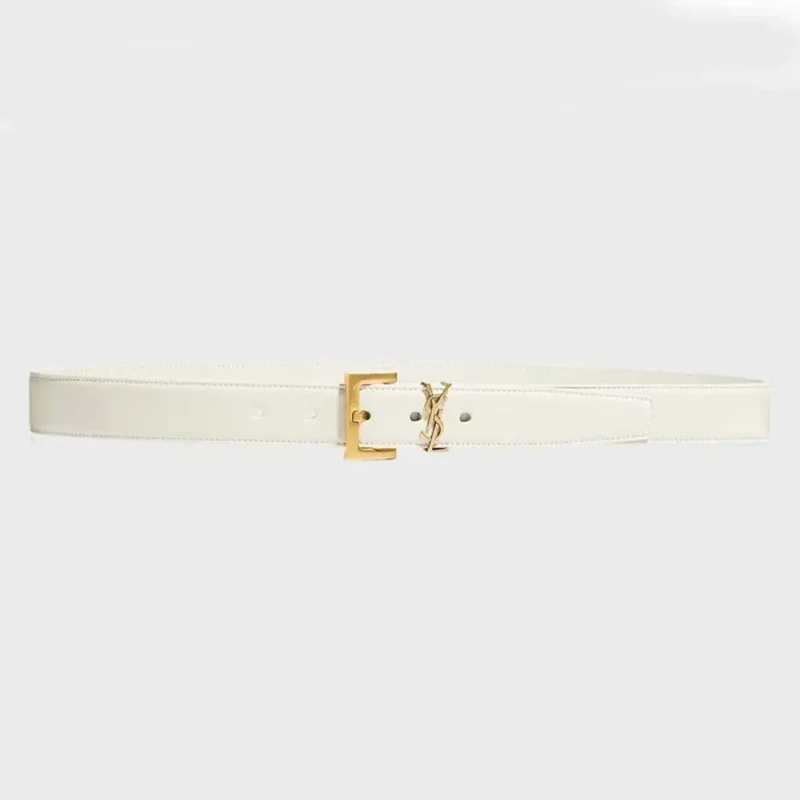 Saint Laurent YSL Women Cassandre Thin Belt with Square Buckle in Lacquered Leather-White