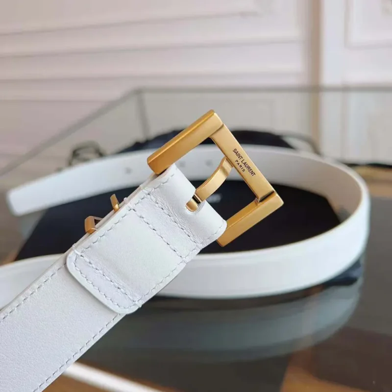 Saint Laurent YSL Women Cassandre Thin Belt with Square Buckle in Lacquered Leather-White