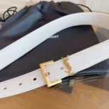 Saint Laurent YSL Women Cassandre Thin Belt with Square Buckle in Lacquered Leather-White