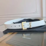 Saint Laurent YSL Women Cassandre Thin Belt with Square Buckle in Lacquered Leather-White
