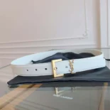 Saint Laurent YSL Women Cassandre Thin Belt with Square Buckle in Lacquered Leather-White