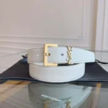 Saint Laurent YSL Women Cassandre Thin Belt with Square Buckle in Lacquered Leather-White
