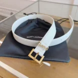 Saint Laurent YSL Women Cassandre Thin Belt with Square Buckle in Lacquered Leather-White