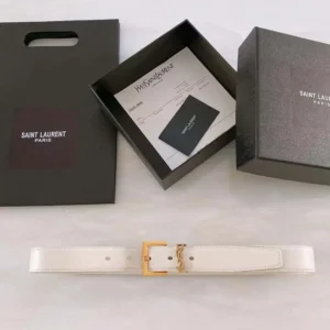 Saint Laurent YSL Women Cassandre Thin Belt with Square Buckle in Lacquered Leather-White