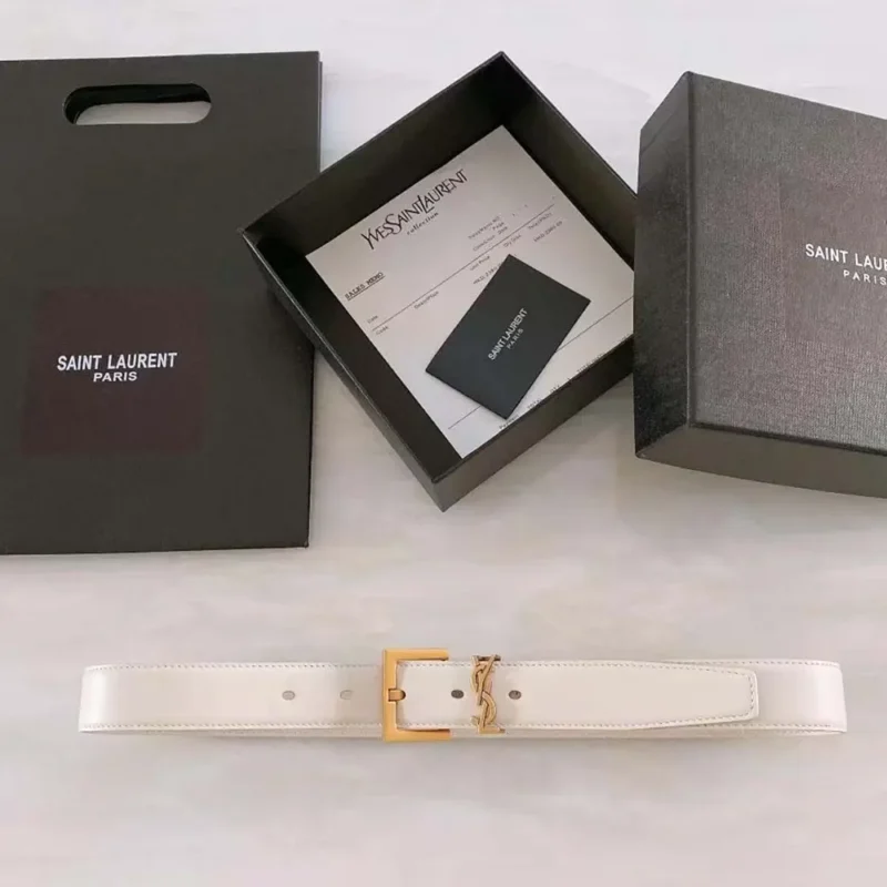 Saint Laurent YSL Women Cassandre Thin Belt with Square Buckle in Lacquered Leather-White
