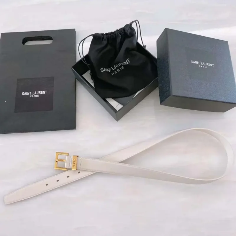 Saint Laurent YSL Women Cassandre Thin Belt with Square Buckle in Lacquered Leather-White