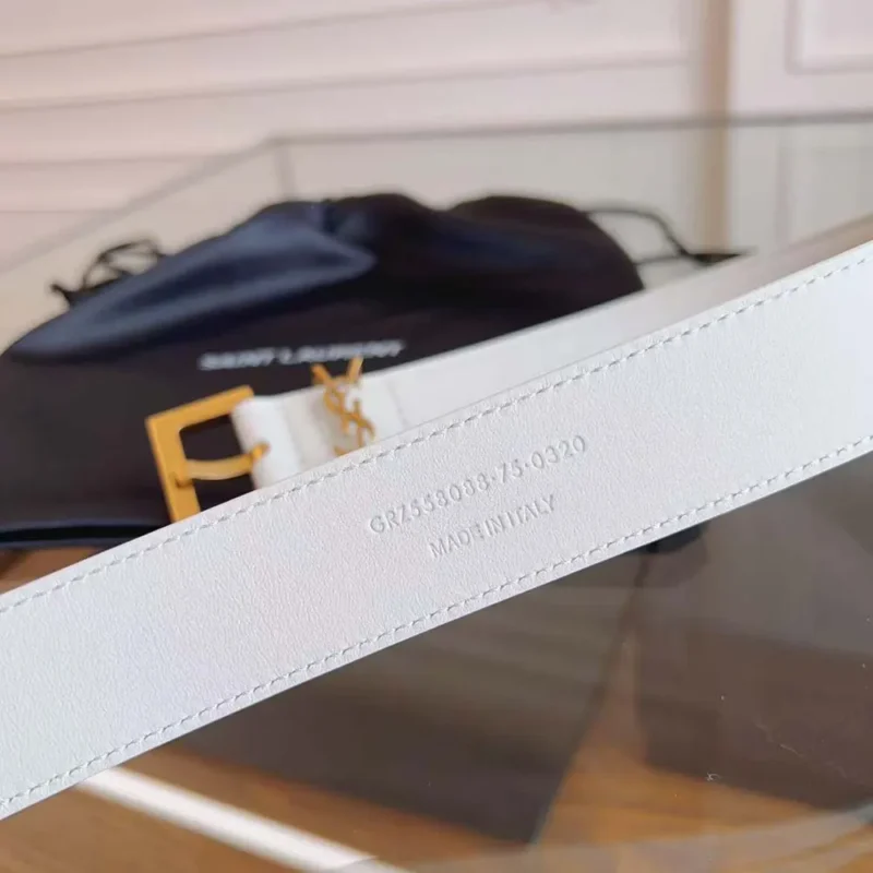 Saint Laurent YSL Women Cassandre Thin Belt with Square Buckle in Lacquered Leather-White