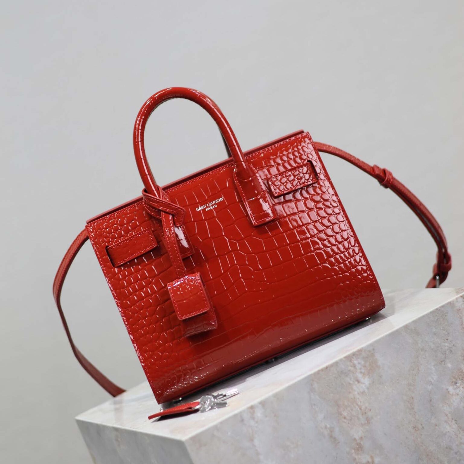 Saint Laurent YSL Women Sac De Jour in Crocodile Embossed Leather Nano-Red