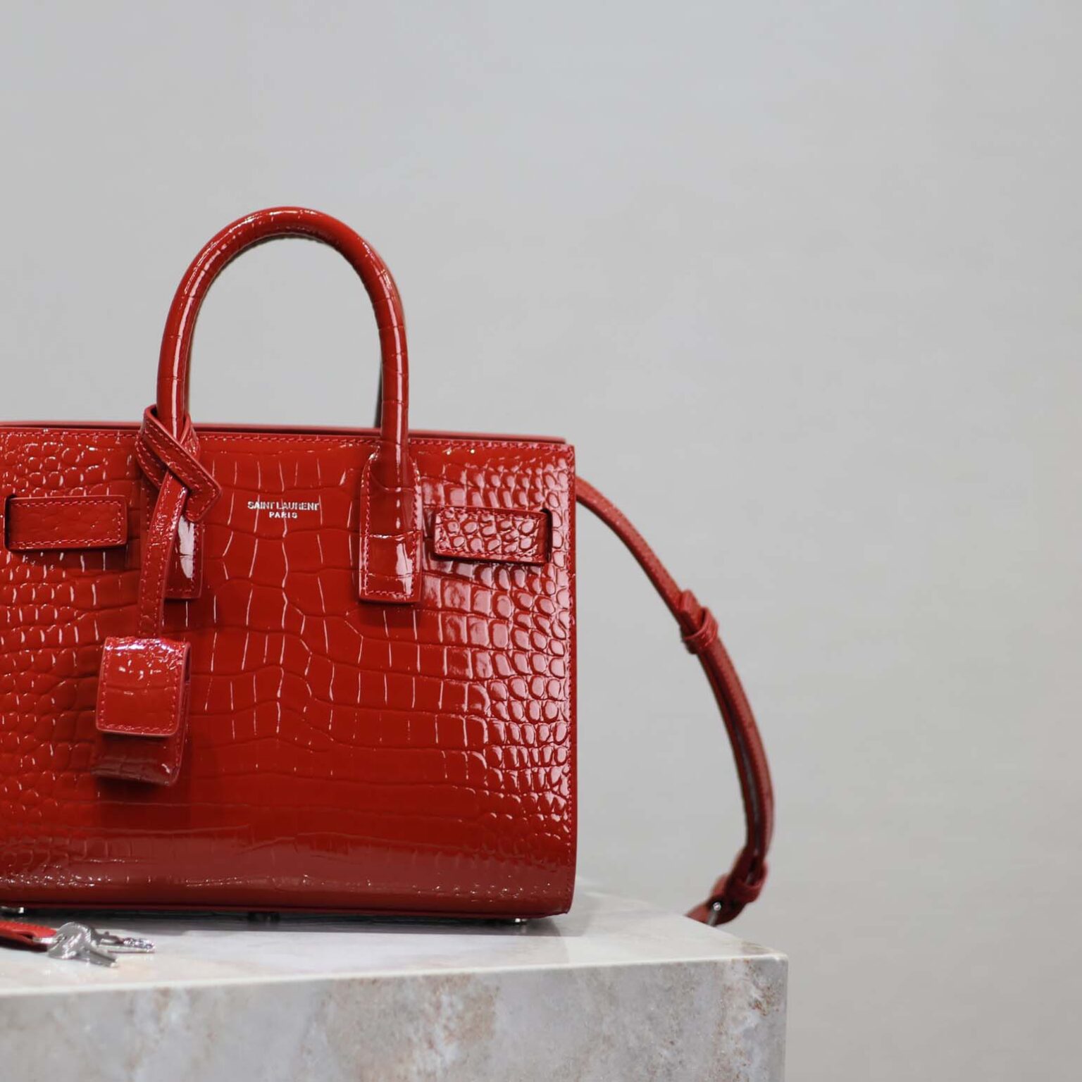 Saint Laurent YSL Women Sac De Jour in Crocodile Embossed Leather Nano-Red