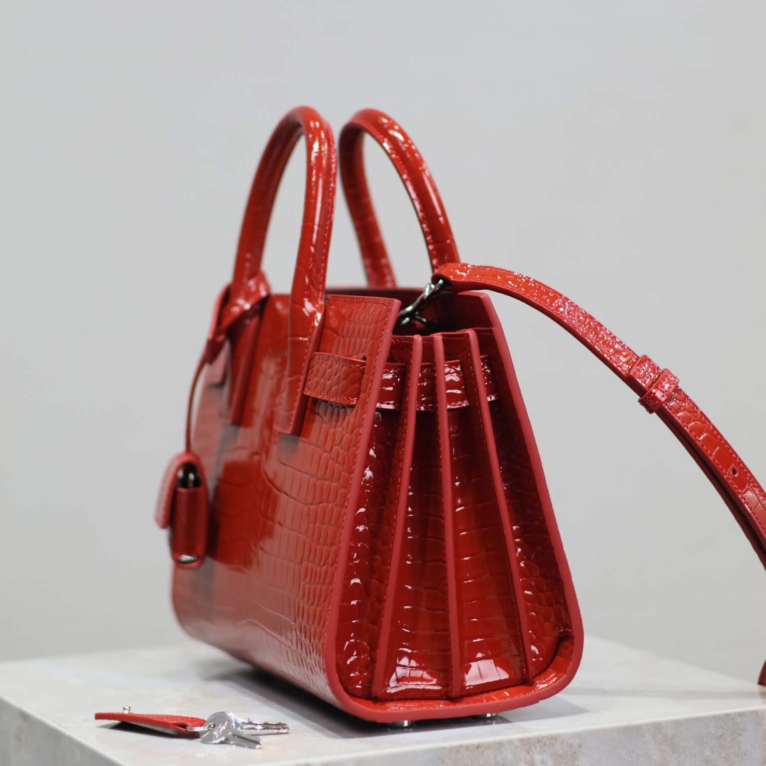 Saint Laurent YSL Women Sac De Jour in Crocodile Embossed Leather Nano-Red