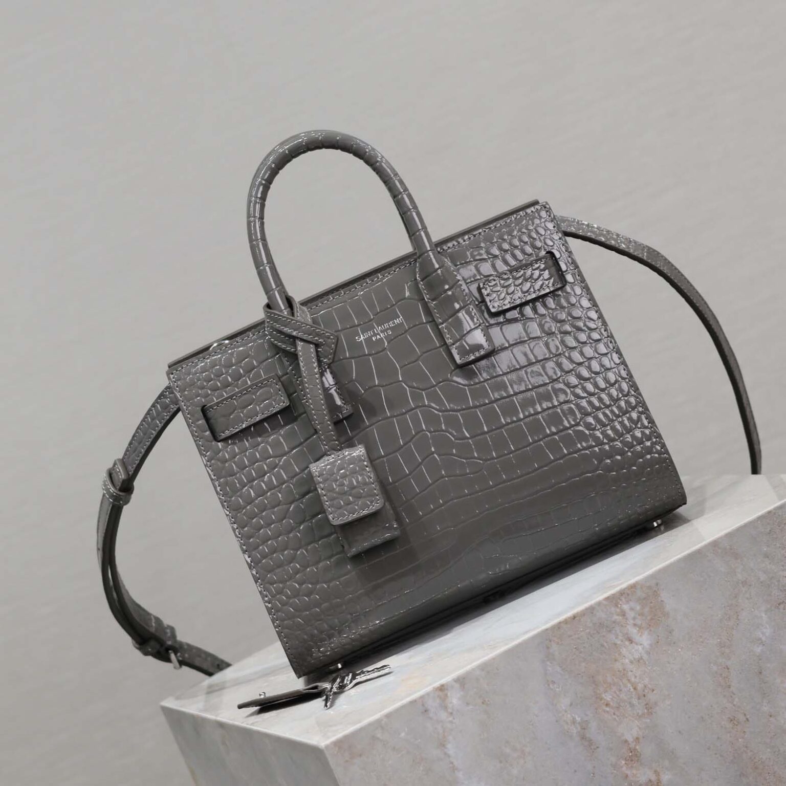 Saint Laurent YSL Women Sac De Jour in Crocodile Embossed Leather Nano-Silver