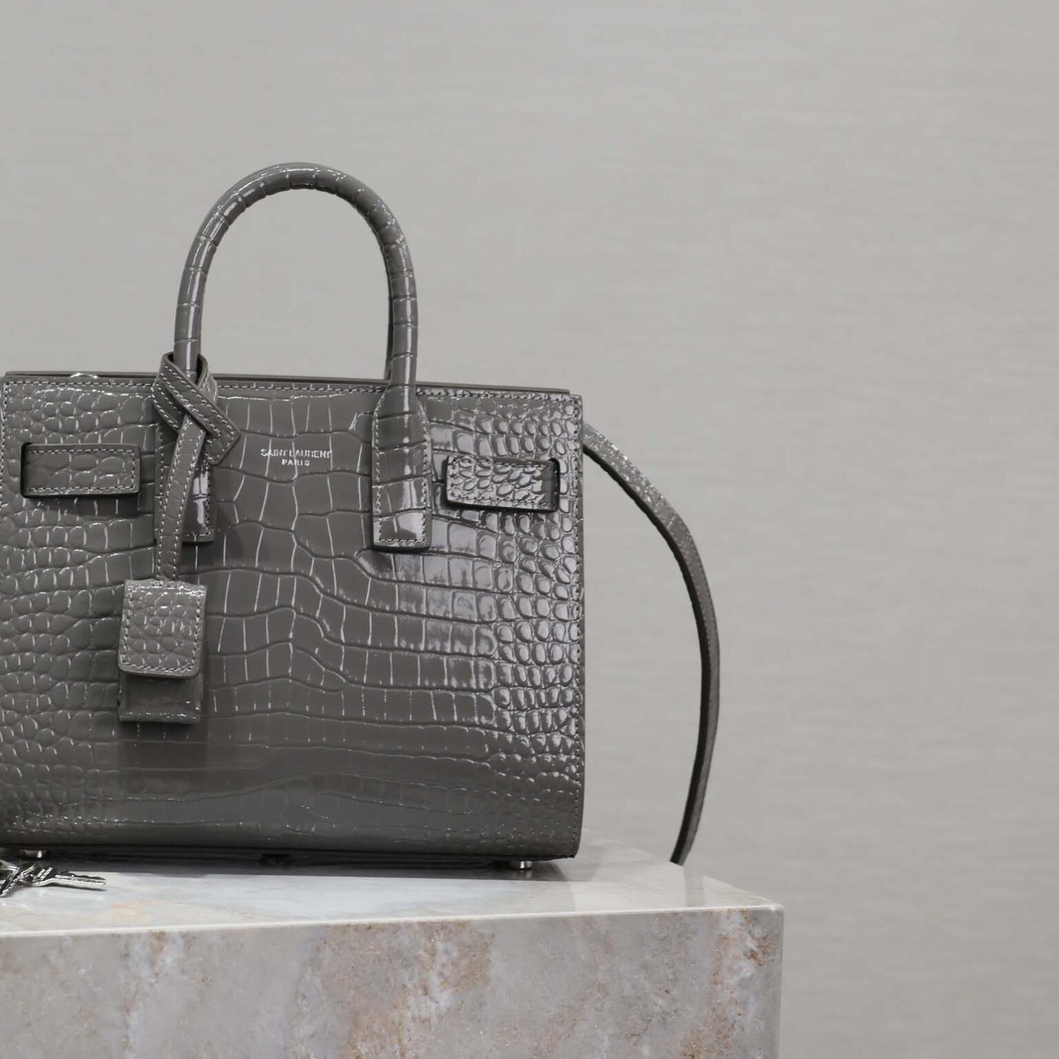 Saint Laurent YSL Women Sac De Jour in Crocodile Embossed Leather Nano-Silver