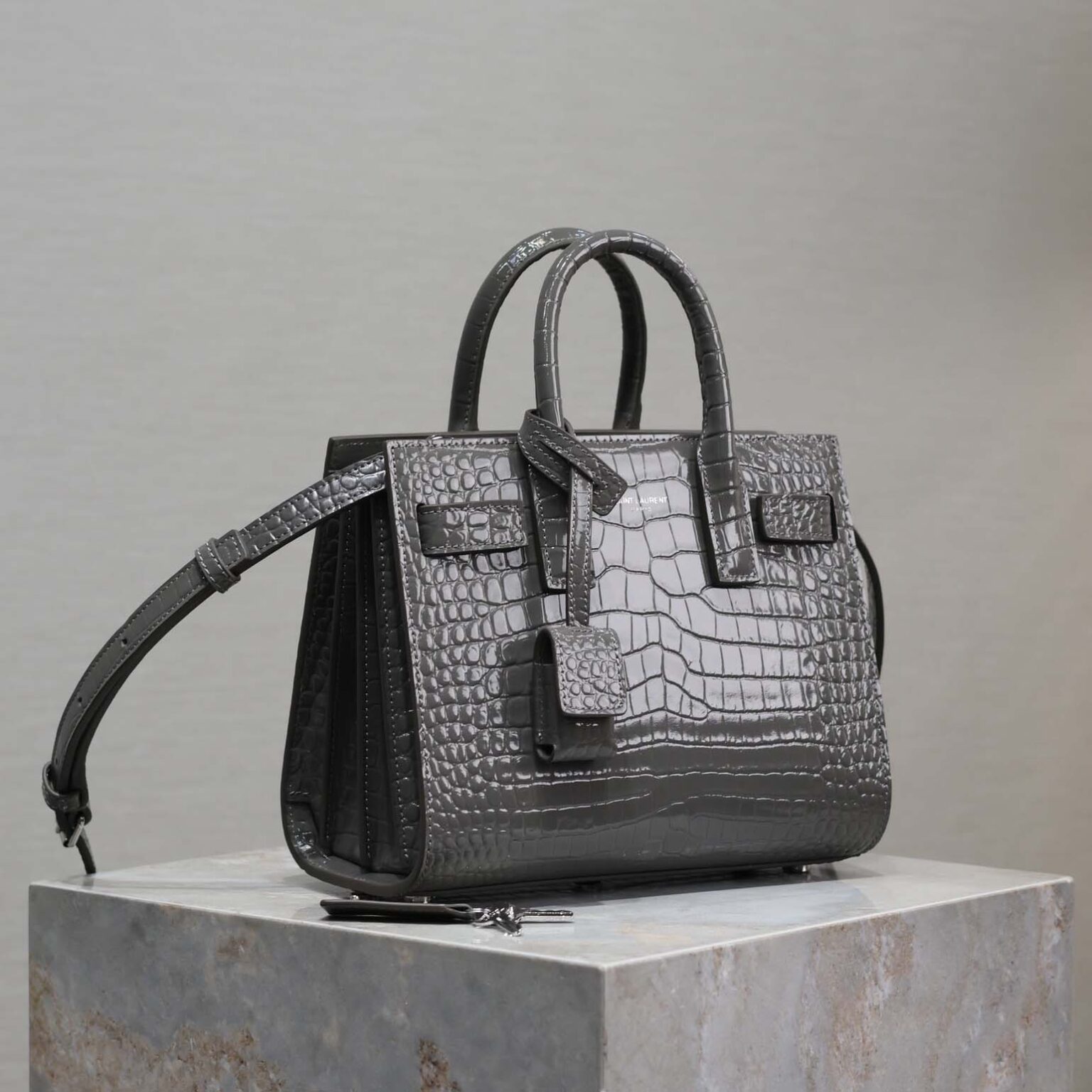 Saint Laurent YSL Women Sac De Jour in Crocodile Embossed Leather Nano-Silver