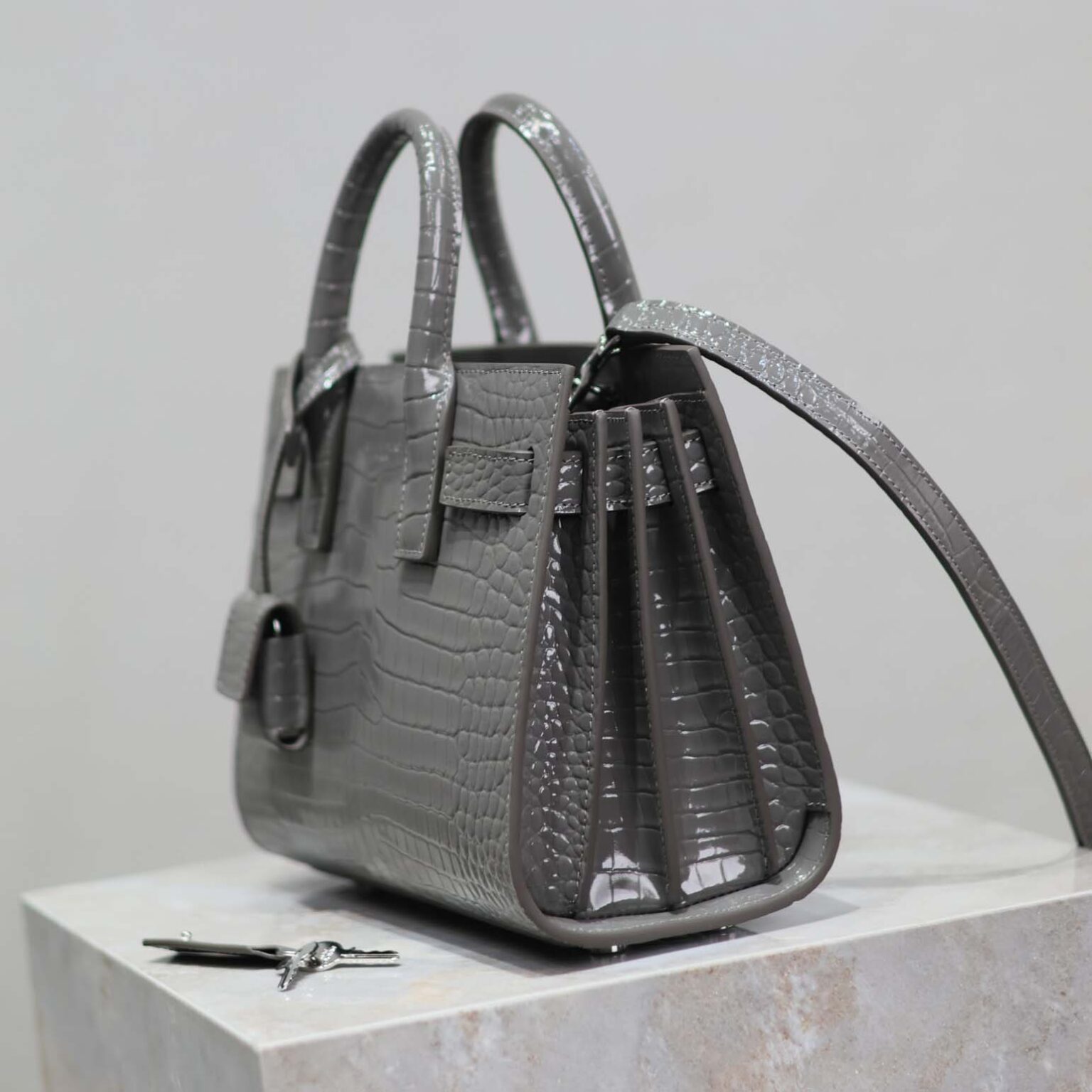 Saint Laurent YSL Women Sac De Jour in Crocodile Embossed Leather Nano-Silver