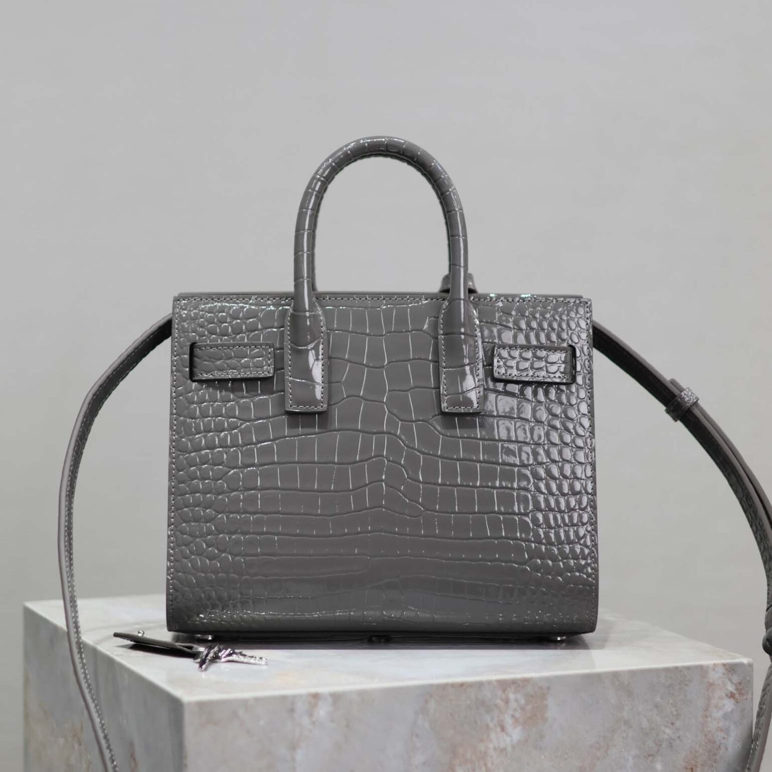 Saint Laurent YSL Women Sac De Jour in Crocodile Embossed Leather Nano-Silver