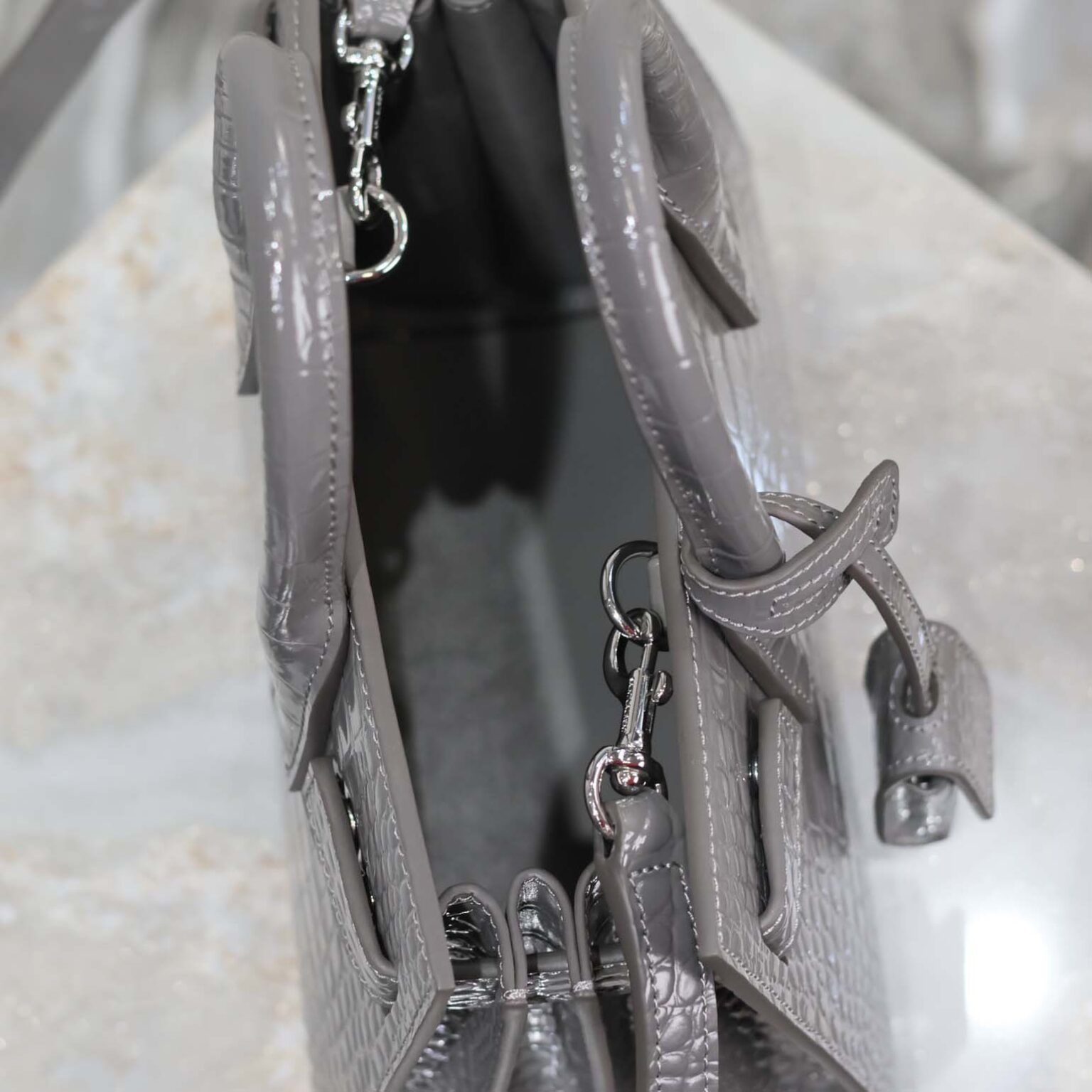 Saint Laurent YSL Women Sac De Jour in Crocodile Embossed Leather Nano-Silver