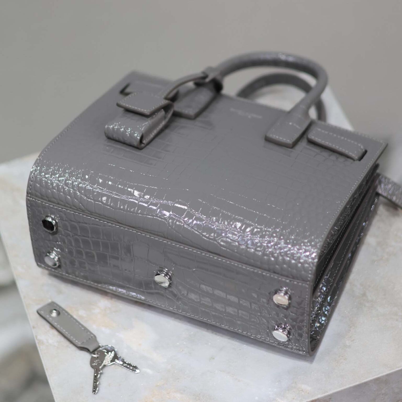 Saint Laurent YSL Women Sac De Jour in Crocodile Embossed Leather Nano-Silver