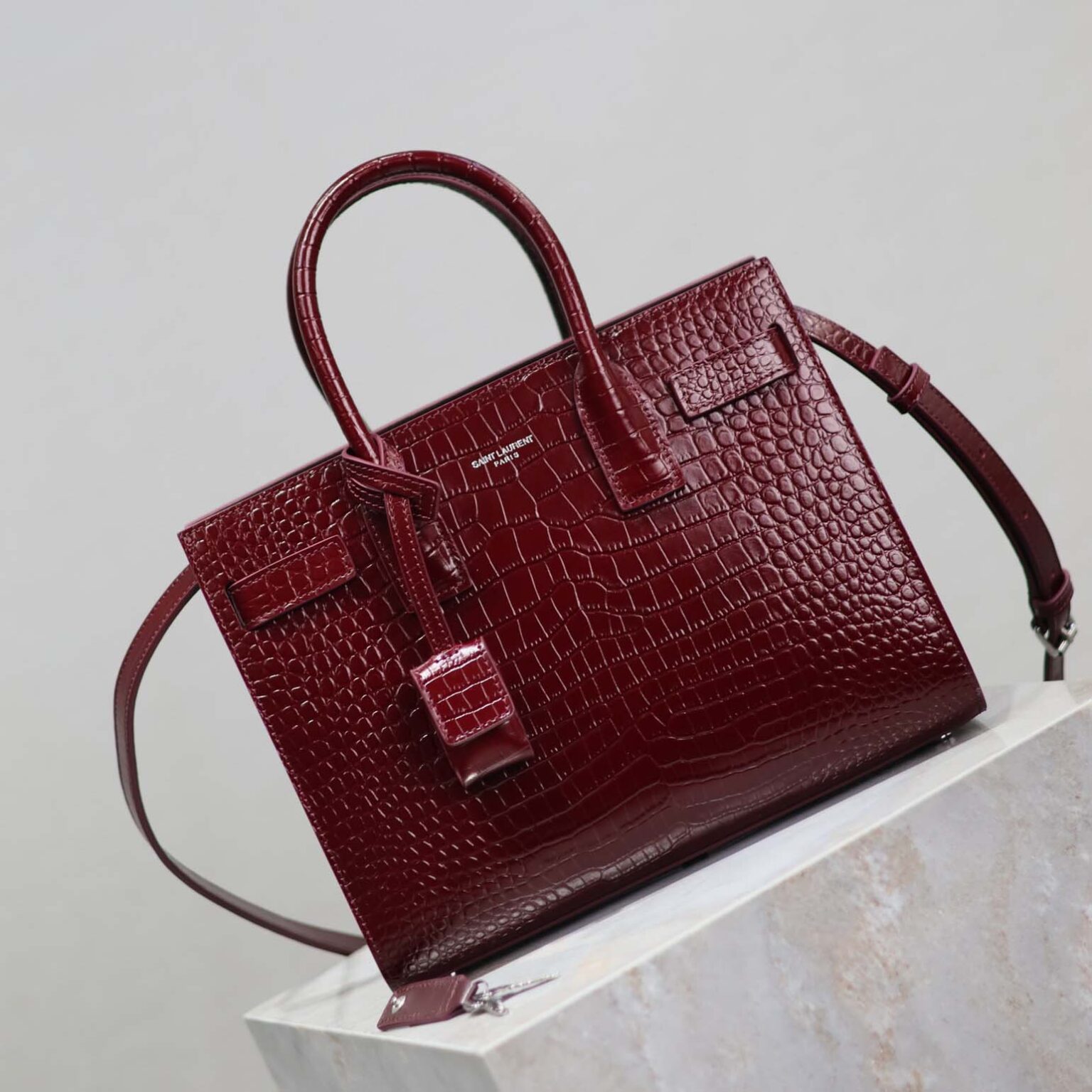 Saint Laurent YSL Women Sac De Jour in Embossed Crocodile Leather Baby-Maroon