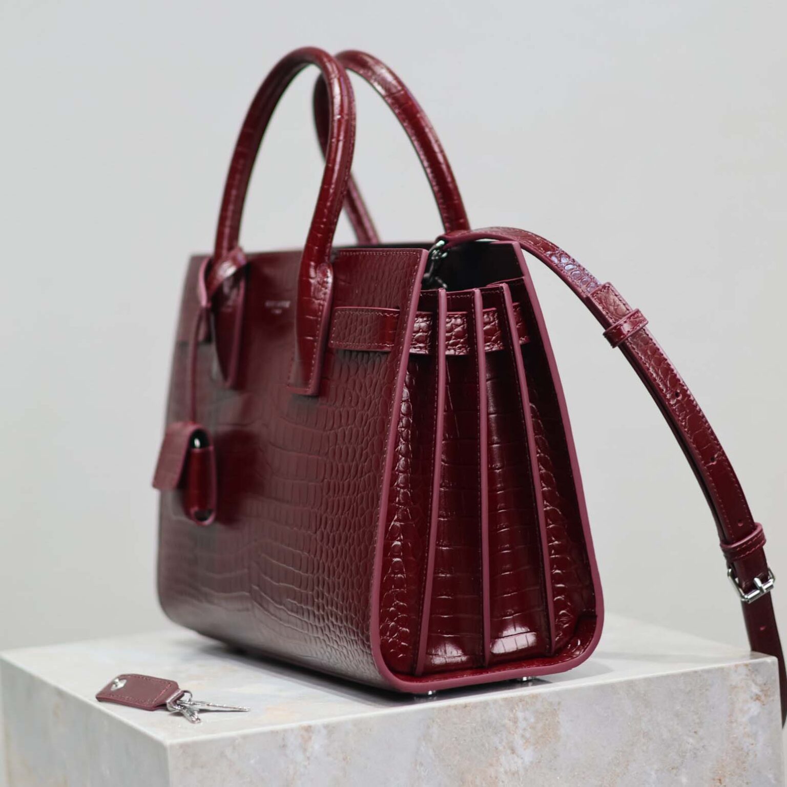 Saint Laurent YSL Women Sac De Jour in Embossed Crocodile Leather Baby-Maroon