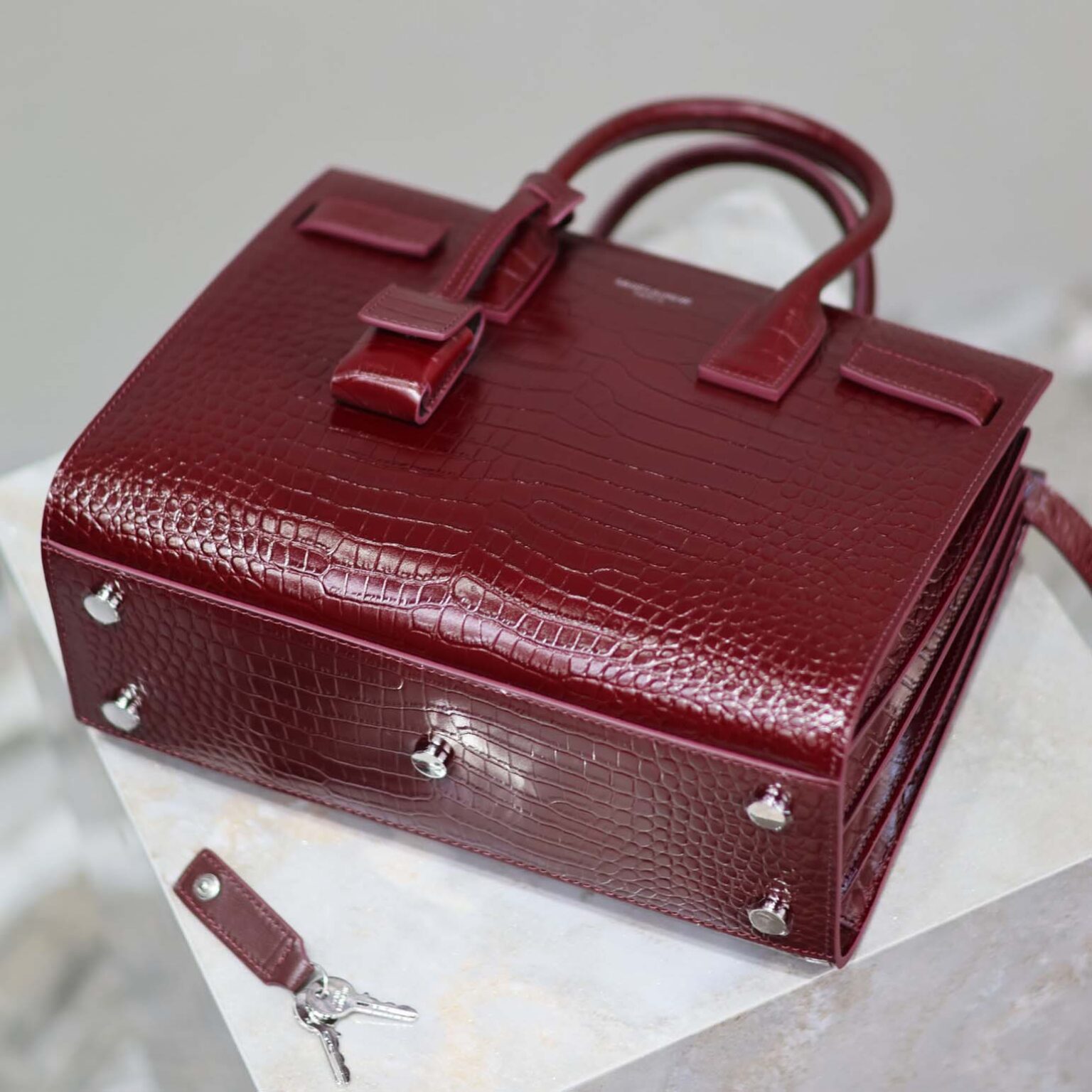 Saint Laurent YSL Women Sac De Jour in Embossed Crocodile Leather Baby-Maroon