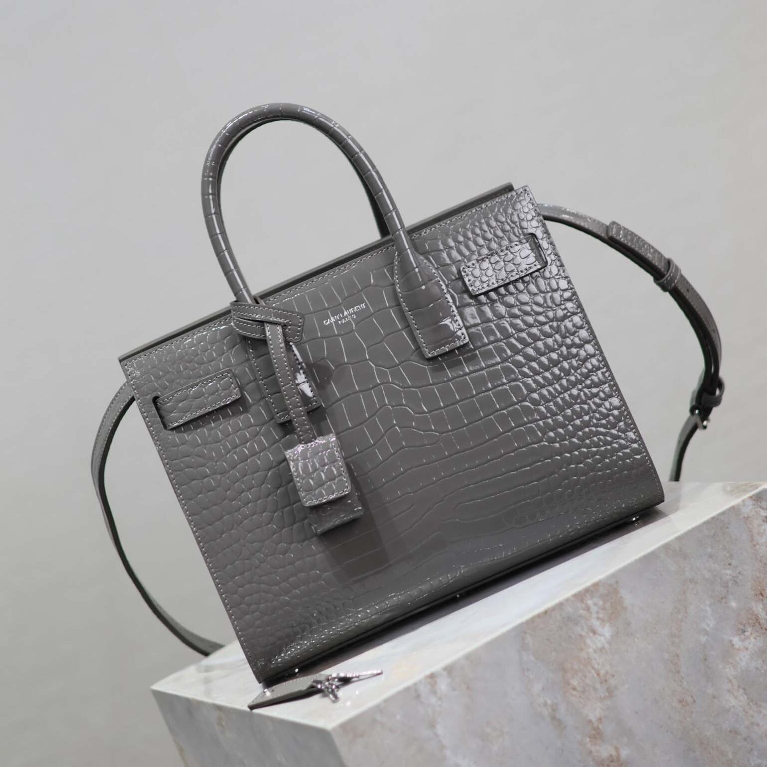 Saint Laurent YSL Women Sac De Jour in Embossed Crocodile Leather Baby-Silver