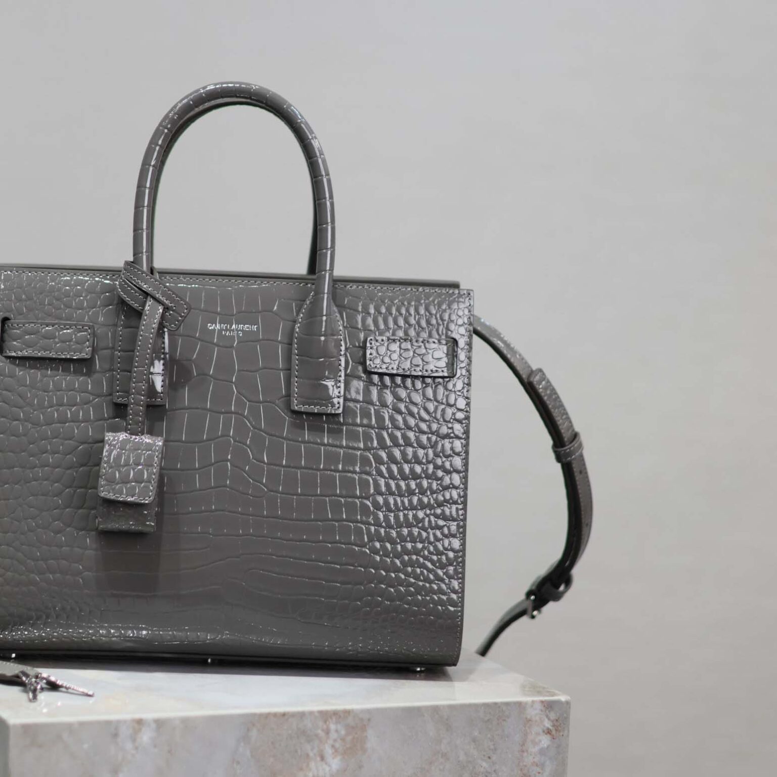 Saint Laurent YSL Women Sac De Jour in Embossed Crocodile Leather Baby-Silver