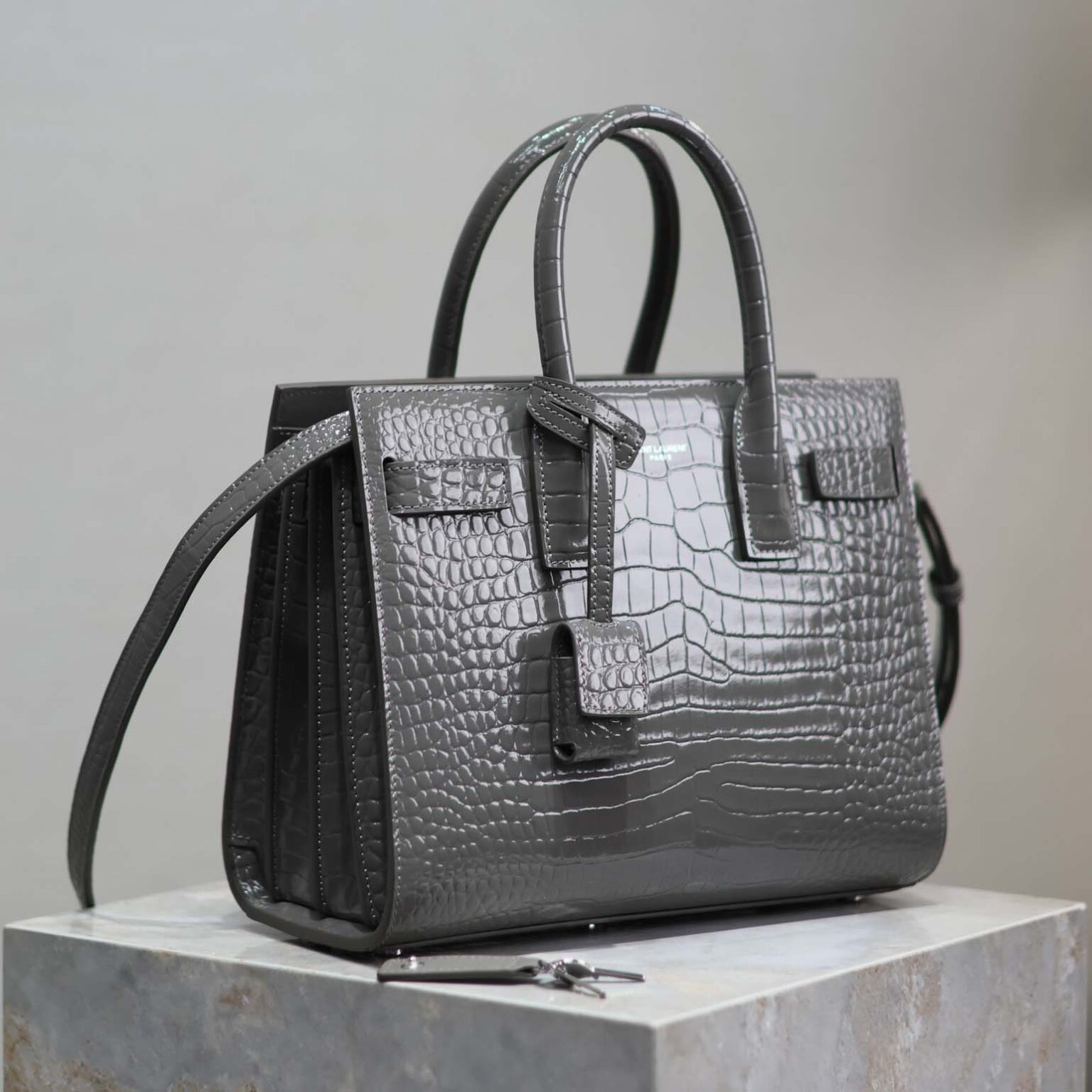 Saint Laurent YSL Women Sac De Jour in Embossed Crocodile Leather Baby-Silver
