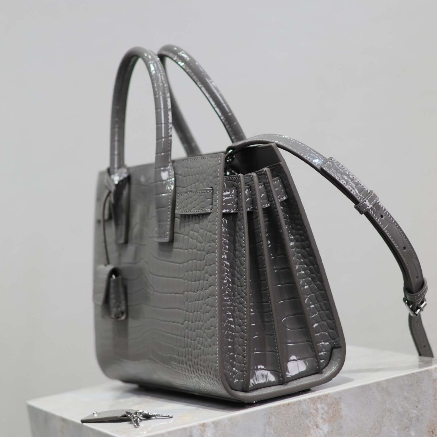 Saint Laurent YSL Women Sac De Jour in Embossed Crocodile Leather Baby-Silver