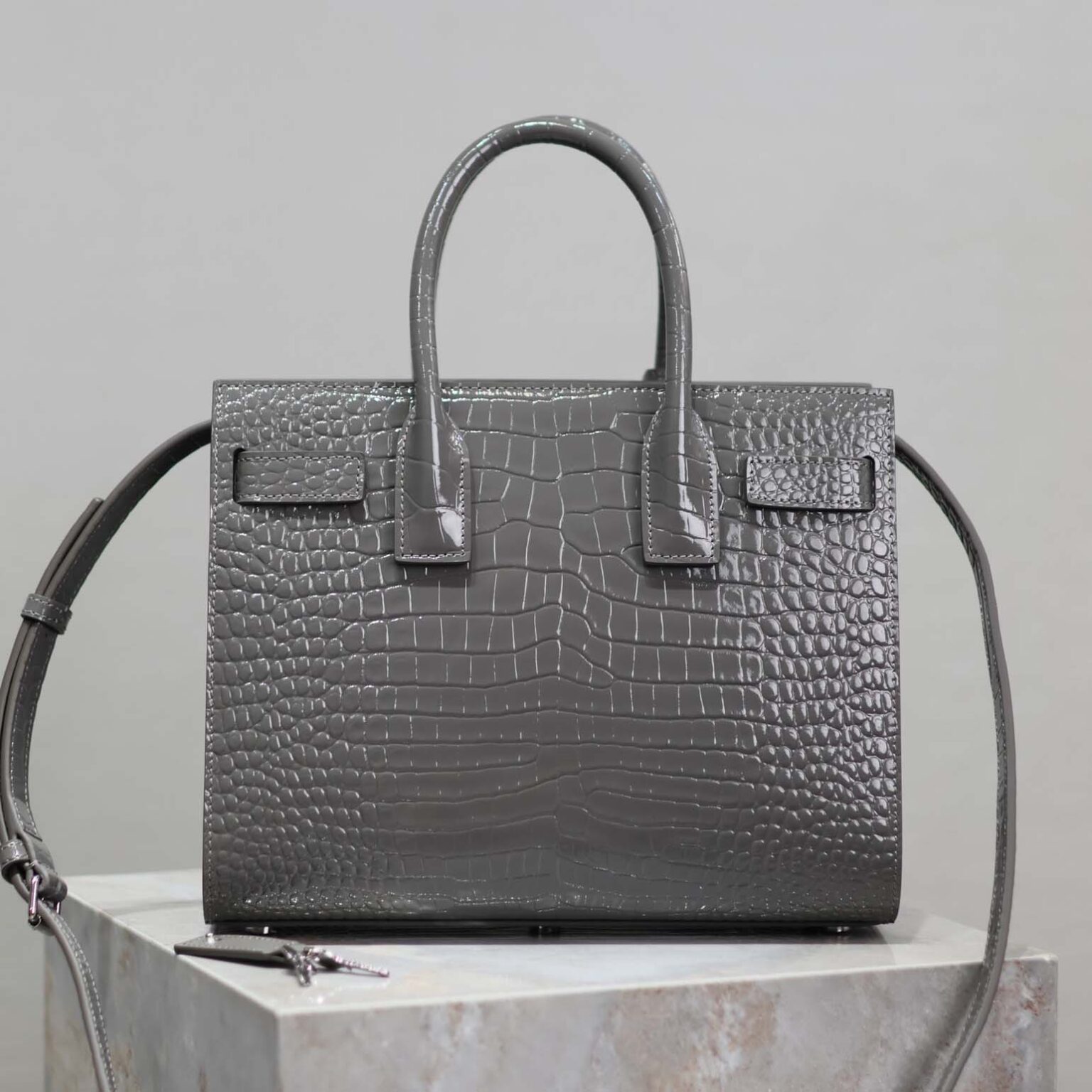 Saint Laurent YSL Women Sac De Jour in Embossed Crocodile Leather Baby-Silver