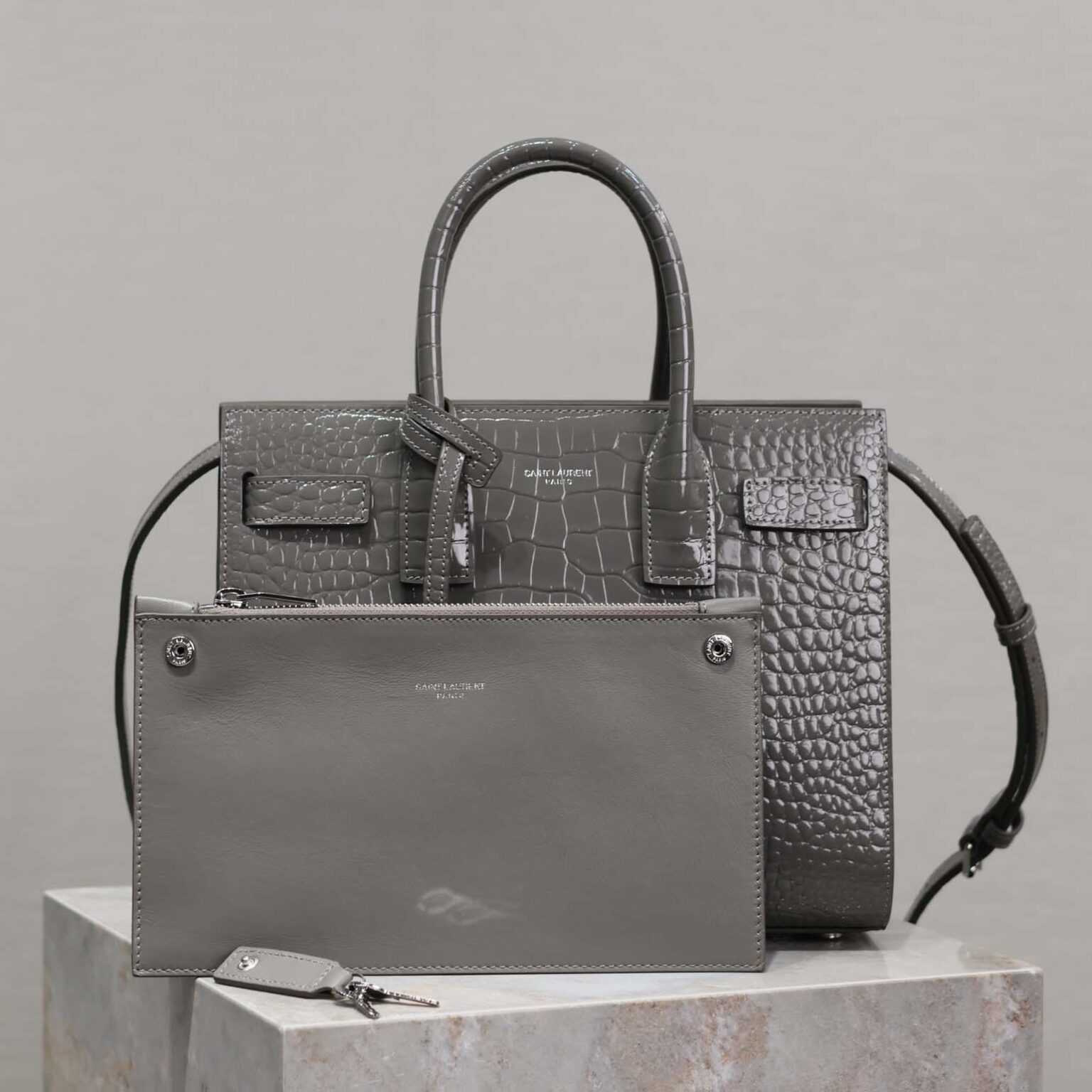 Saint Laurent YSL Women Sac De Jour in Embossed Crocodile Leather Baby-Silver
