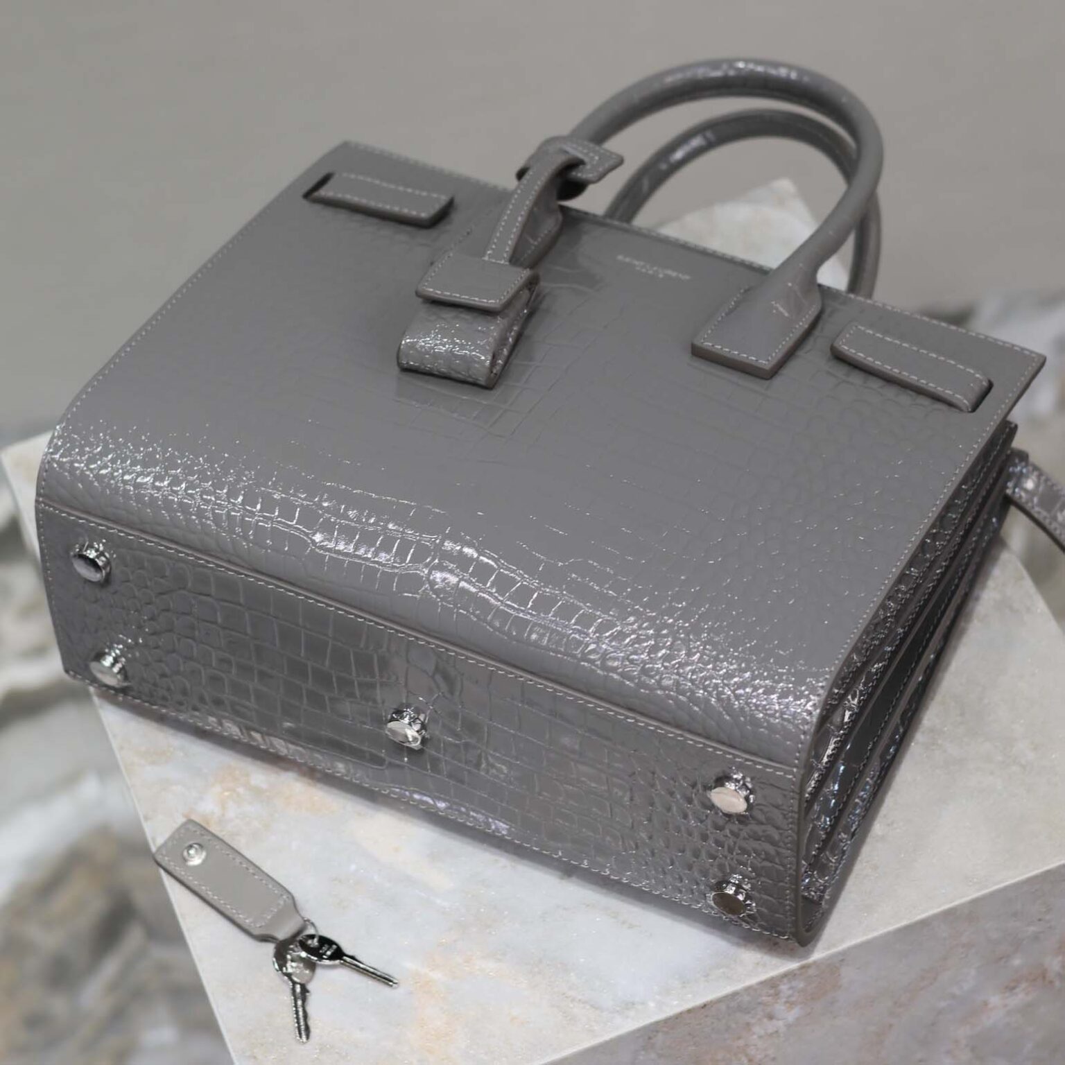 Saint Laurent YSL Women Sac De Jour in Embossed Crocodile Leather Baby-Silver