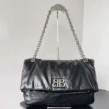 Balenciaga Women Monaco Large Chain Bag in Black/Silver Arena Calfskin